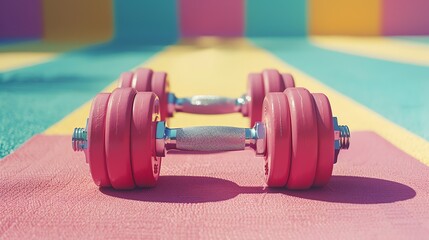 olourful sport dumbbells for trainings. Aesthetic summer gym.