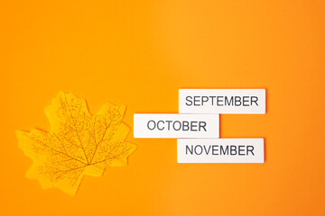 Blocks September, October, November and autumn yellow leaf. Concept of beginning of new fall...