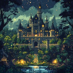 Enchanting Pixel Art Depiction of a Magical Kingdom's Grand Castle Surrounded by Whimsical Forests and Glittering Night Sky