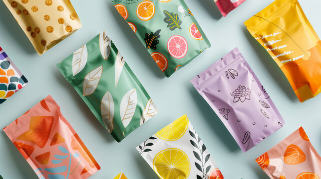 Colorful snack pouch mockup flat lay with copy space on pastel background