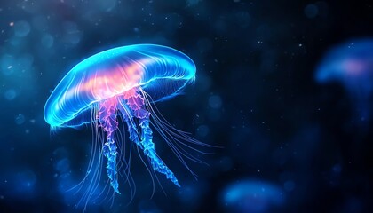 Obraz premium A mesmerizing jellyfish floating gracefully in deep blue water, illuminated by vibrant colors and ethereal light.