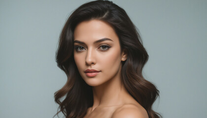 Naklejka premium Portrait visage femme brune belle sexy beauté modèle mannequin studio cheveux longs marron.