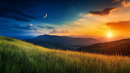 A beautiful mountain meadow with tall grass at sunrise and sunset, showing the transition from day to night with the sun and moon in the sky.
