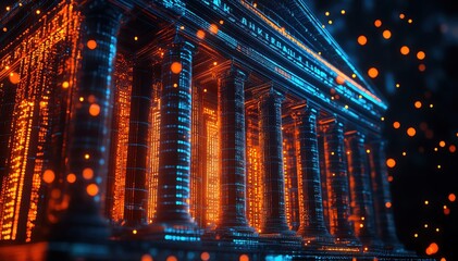 Digital representation of a bank building, glowing with orange and blue lights, blockchain concept