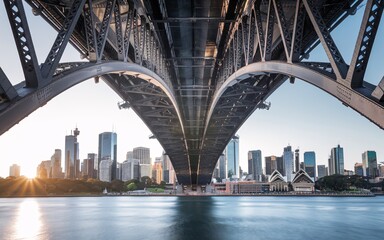 Fototapeta premium Sydney Harbour Bridge with City Skyline Sunrise Background