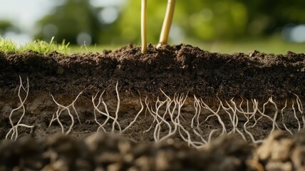 Fototapeta premium Close-Up of Plant Roots Growing in Soil with Green Grass and Blurred Background in a Natural Setting
