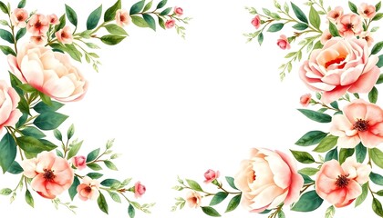 Fototapeta premium Pink roses, green leaves, and small white flowers arranged in a border frame around a blank white background