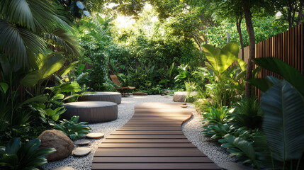 Obraz premium tropical garden, lush plants, zen garden, gravel surface, natural stones, dense foliage, vibrant greenery, realistic lighting, ultra-realistic photography