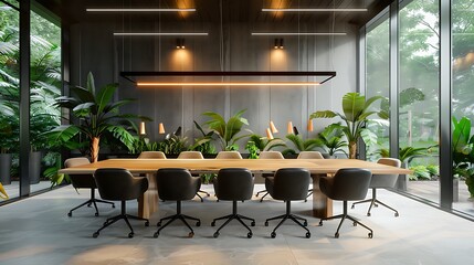 Fototapeta premium Modern office room rendering with minimalistic decor, wooden table, and chairs, featuring a Manager's consulting room with plants, 3D mockup, devoid of people