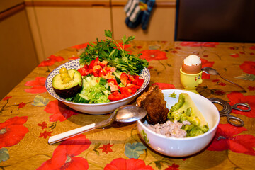 Healthy breakfast on the table. Tasty food.
