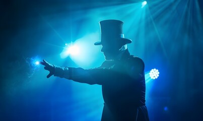 Magician or illusionist is showing magic trick. Blue stage light in background. 