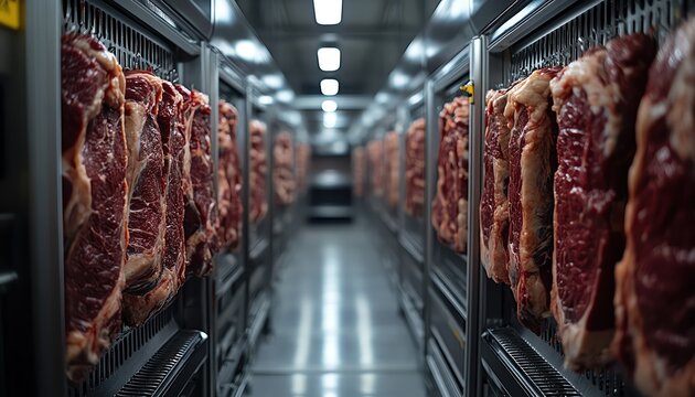 Rows of hanging beef cuts in a meat processing facility, dimly lit and orderly