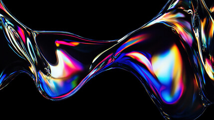 Close up shot of rainbow colored holographic liquid metal on black background, showing abstract distorted futuristic fluid organic shapes, design material