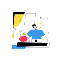 Male character saving money in a piggy bank, symbolizing future investments and financial planning in minimalist illustration style