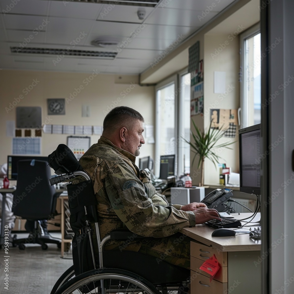 Poster a man in a military uniform is sitting at a desk with a computer