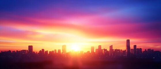 Fototapeta premium A stunning city skyline at sunset, featuring vibrant colors of orange, pink, and purple illuminating the horizon.