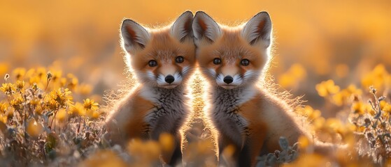 Obraz premium Two baby foxes in a field of yellow flowers, warm sunlight, peaceful and cute
