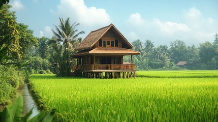 Obraz premium Traditional stilt house in a lush rice field