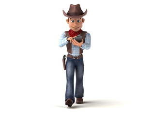 Fun 3D cartoon cowboy walking with a smartphone