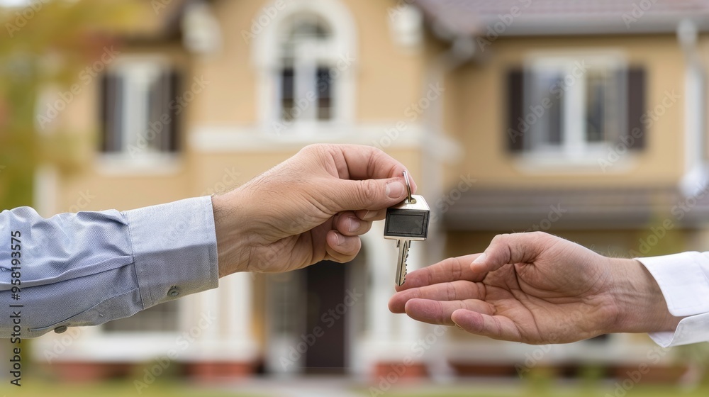 Poster two men are exchanging keys in front of a house