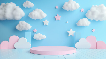 Pastel-colored stage with fluffy clouds and stars in a whimsical setting. Empty podium for the presentation of children's products with copy space