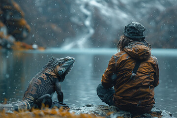 Naklejka premium AI generative picture of beautiful person interacting with animal