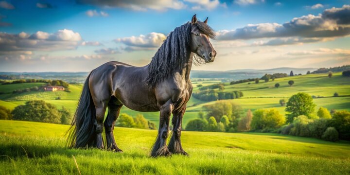Photo image of a majestic Frison horse with its coat glistening in the sun, surrounded by lush green meadows and a serene landscape.
