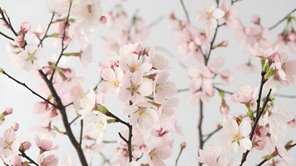 Delicate Cherry Blossoms Illustration Pink & White Floral Art with Intricate Details on White Background  Serene and Elegant Botanical Design for Home D&eacute;cor