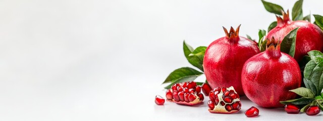  A cluster of pomegranates stacked atop one another, adorned by leaves above