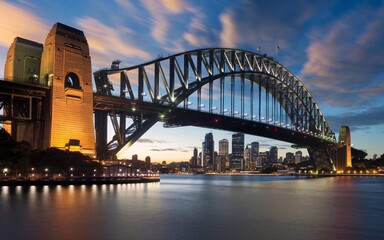 Naklejka premium Sydney Harbour Bridge with City Skyline Sunrise Background