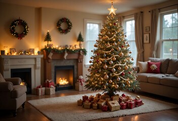 A beautifully decorated Christmas tree standing tall in a cozy living room, adorned with ornaments, tinsel, and a shining star on top. The camera angle is slightly below eye level, capturing the tree 