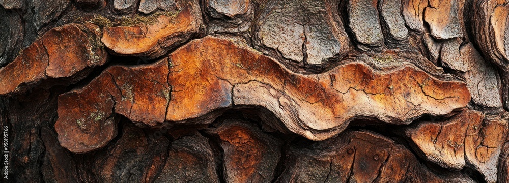 Poster close-up of rough, textured tree bark with deep crevices