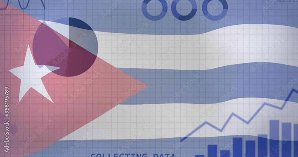 Poster collecting data animation over cuban flag with charts and graphs