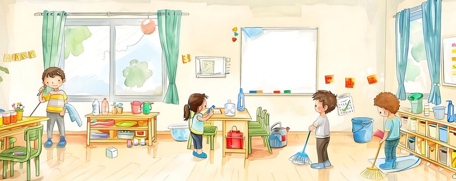 Classroom cleanliness, students cleaning up, blank area for hygiene tips, Watercolor style
