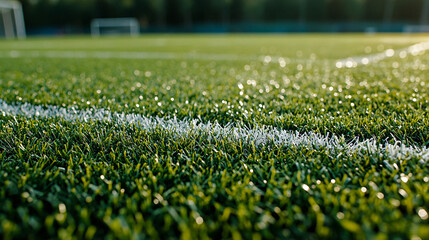 An 8k close-up shot of a soccer field, highlighting the vibrant green grass and the crisp white lines that mark the playing area. The image reveals the fine texture of the grass, with each blade stand