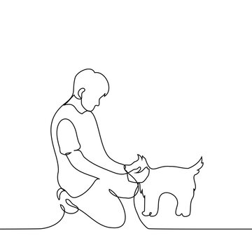 man kneeling down and stroking a dog - one line art vector. concept male dogman, owner and pet