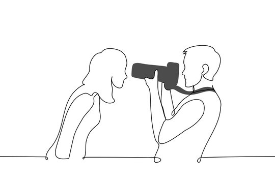 recommend clip art: woman stars through the lens of a male photographer's long lens camera - one line art vector. concept female celebrity or passerby interferes with paparazzi