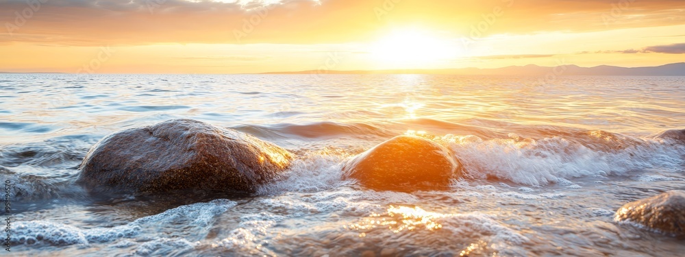 Poster a pair of rocks anchored in a water body as the sun sets, painting the sky behind them