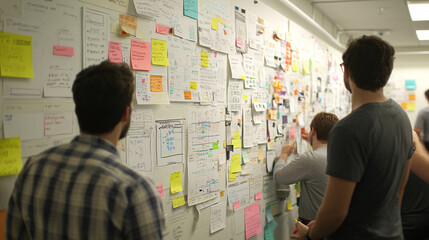 A collaborative design session in progress, with a wall full of colorful website wireframes pinned up for review. The team is deep in discussion, analyzing different design options and adding notes.