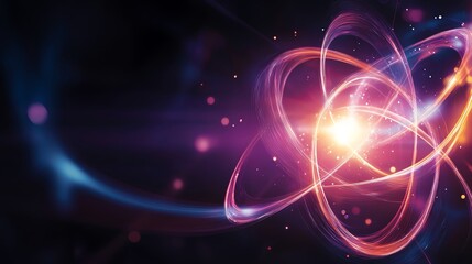 A vibrant representation of atomic structure, showcasing swirling particles and energy beams against a dark backdrop.