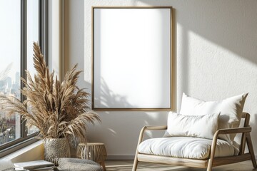 Poster Frame in Beige minimalist living room interior created with generative AI