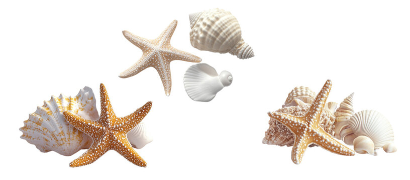 3D rendering of a starfish, conch shell, and seashell isolated on a white background,