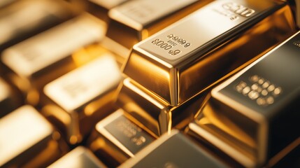 close-up of gold bars stacked in a safe, with their serial numbers and hallmarks clearly visible