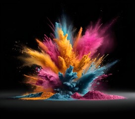 Colorful explosion of powdered pigment creating a vibrant burst against a black backdrop