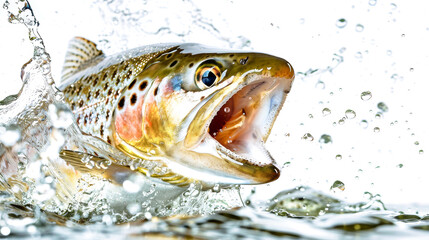 A vibrant trout bursts from the water, mouth wide open, surrounded by shimmering drops in a breathtaking moment of nature's beauty
