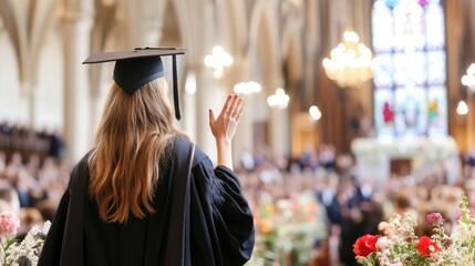 graduate walking down the aisle with a diploma in hand, smiling and waving to the audience