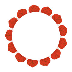 Minimalistic round background with Autumn Leaves and shadows. Simple circle Frame with empty space for text in Fall season. Hand drawn botanical plant parts in heart shape for posters banners and card