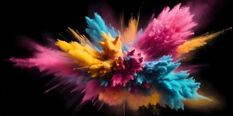 Colorful explosion of powdered pigment creating a vibrant burst against a black backdrop