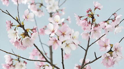 Delicate Cherry Blossoms Illustration Bare Branches with Soft Pink, White, and Light Purple Petals  Elegant Pastel Floral Art on Light Blue Background  Serene Botanical Wall Décor
