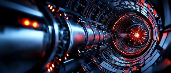 Obraz premium Futuristic tunnel with glowing elements, showcasing advanced technology and a dynamic atmosphere in vibrant red and metallic tones.